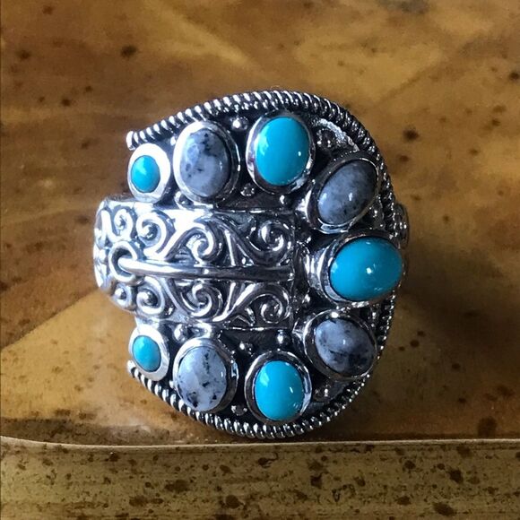 Sleeping Beauty Turquoise White Buffalo Sterling Silver Buckle Ring Size 6.25 - Picture 1 of 9